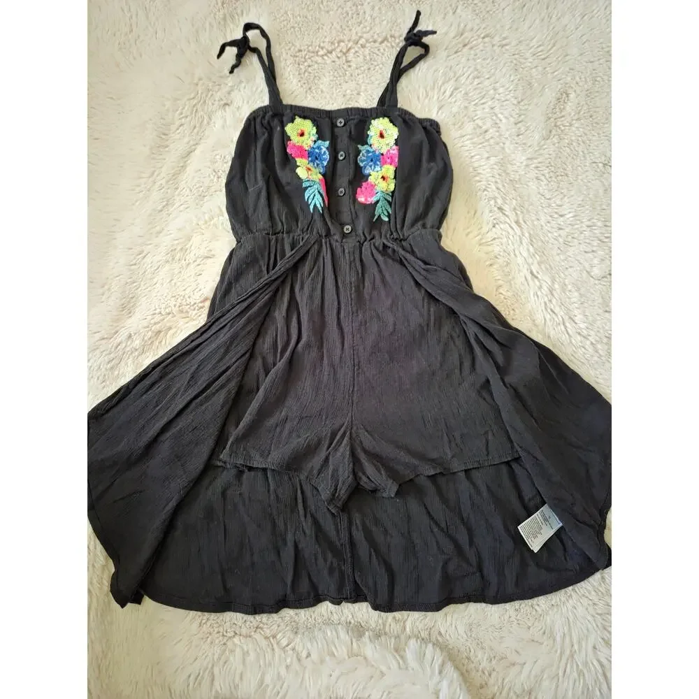 Justice Girls Black Embroidered Floral Boho Romper size 12